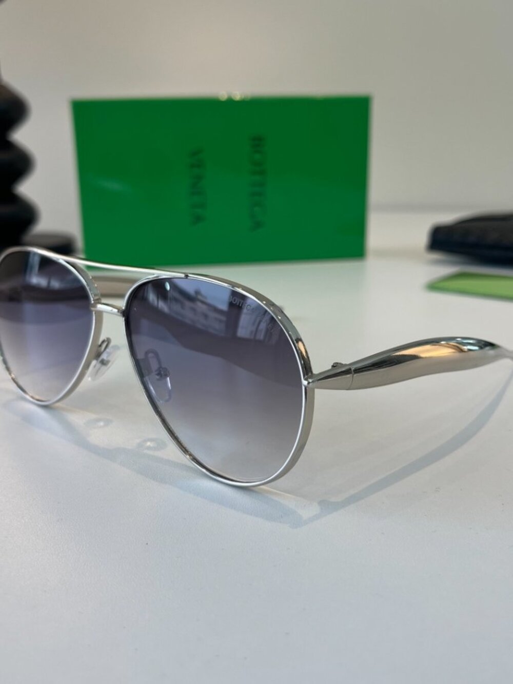 Bottega Veneta Silver Aviator Sunglasses, Gradient Gray UV Protection Shades - Picture 3 of 9